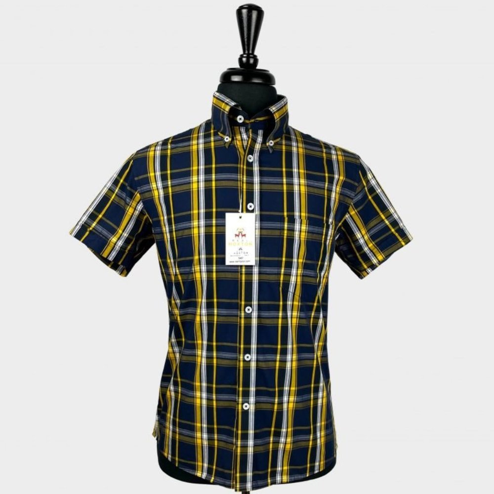 Men's Real Hoxton Navy Lime Check Short Sleeves Shirt Size Large
